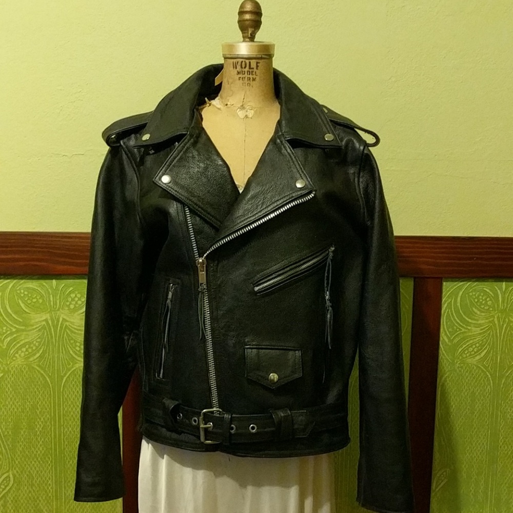 Men's classic heavy leather motorcycle jacket 42